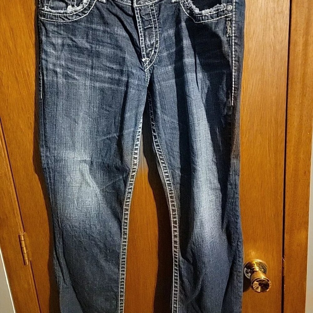 Silver Jeans Suki Bootcut Stretch Blue Denim Jeans Womens Size 34×26 Capri